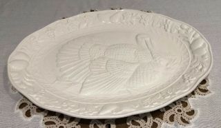 Vintage White Embossed Ceramic Turkey Platter For Thanksgiving,  Japan Oval 18 "