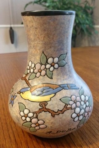 Antique A.  Dubois Belgium Art Deco Enameled Stoneware Vase 5 " X 3 3/4 "