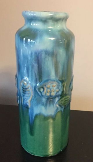 Pottery Art Vase Vintage Large Fish Jar Multi Color Glaze Crazed Mid Century