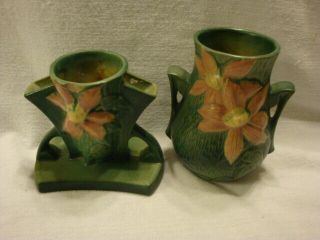 2 Vintage Roseville Pottery Usa Clematis 2 Handle Vases 103 - 6 " & 192 - 5 " Bud Vase