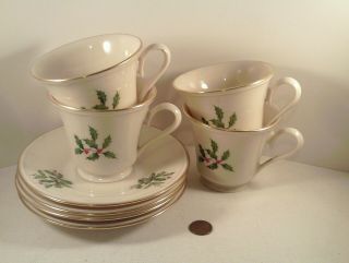 Four - Vintage (china) " Lenox Special Holly - Berry " Cup Saucers Set Of 4
