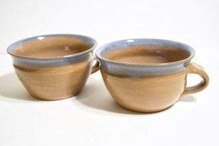 2 Studio Pottery Mugs Signed Brown W/blue Glaze Use For Soup Chili Stew Chowder