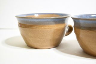 2 Studio Pottery Mugs Signed Brown w/Blue Glaze use for Soup Chili Stew Chowder 3