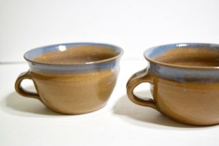 2 Studio Pottery Mugs Signed Brown w/Blue Glaze use for Soup Chili Stew Chowder 5