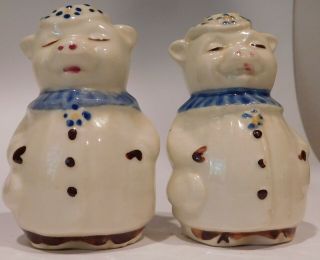 Vintage Shawnee Pottery China Winnie Pig Shakers Blue Hand Painted Trim