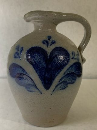 Rowe Pottery Stoneware Jug 1990 Salt Glazed Cobalt Blue Heart & Feather