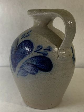 Rowe Pottery Stoneware Jug 1990 Salt Glazed Cobalt Blue Heart & Feather 2