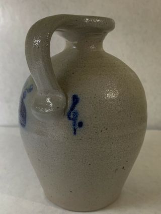 Rowe Pottery Stoneware Jug 1990 Salt Glazed Cobalt Blue Heart & Feather 3