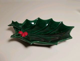Vintage Lefton Holly Leaf Candy Dish 1347 Green With Red Berries Japan