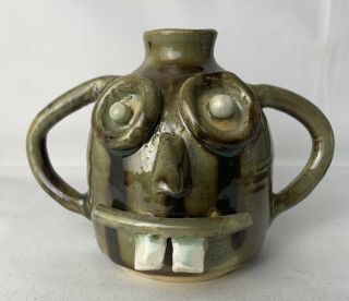 4” Tall Studio Pottery Clay Ugly Funny Face Jug Double Handle Signed Marked - Mk