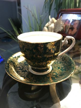Vintage Royal Grafton Tea Cup And Saucer Dark Green With Gold Floral Lace