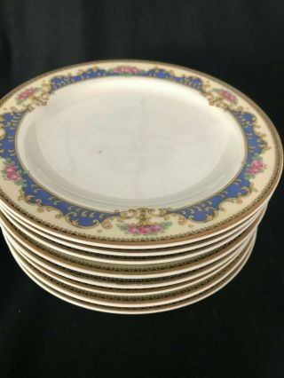 Set Of 8 Haviland Limoges Fra Pink Roses Blue Gold Border Paragon Bread Plates