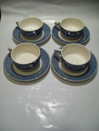 Vintage Currier & Ives Royal China Blue Rim Old Grist Mill Tea Cup Set