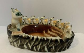 Large Mid Century Mod Oval Shaped Cat Ashtray,  Momma Cat And Kittens