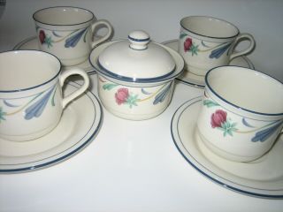 4 Lenox Chinastone Poppies On Blue Cups And Saucers With Sugar Bowl