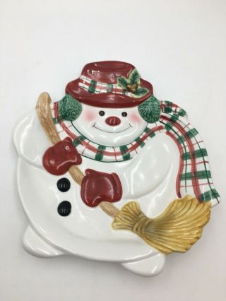 Fitz & Floyd Plaid Christmas Snowman Ceramic Canape Serving Plate