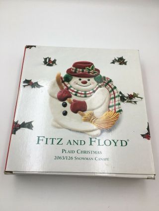 FITZ & FLOYD PLAID CHRISTMAS SNOWMAN CERAMIC CANAPE SERVING PLATE 4