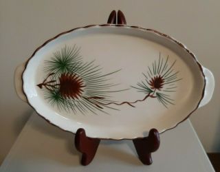Vintage Handled Small Platter Dish Pinecone Needle Design Hand Painted Cream Old