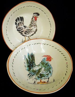 Made In Italy For Williams Sonoma /rooster & Hen/ 2 Ceramic Bowl Set 9.  5 " Diam.