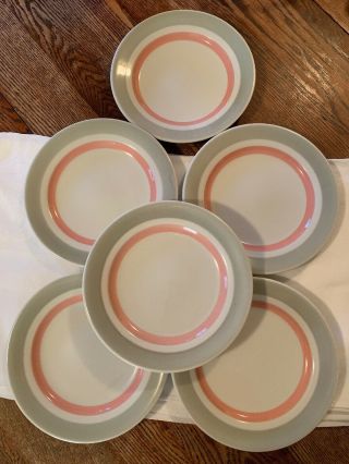 6 Vtg Jackson China Pattern Pink & Grey Stripe Mcm Restaurant Ware Dinner Plates
