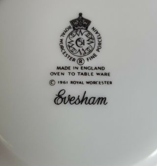 ROYAL WORCESTER EVESHAM FINE PORCELAIN CUP & SAUCER SET/4 ENGLAND STAMPED 1961 3