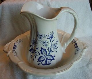 Royal Haeger Pottery 4237 Blue Onion / Floral Pitcher & Wash Bowl / Basin