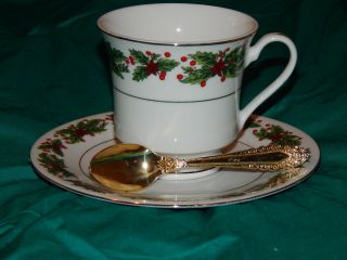 Truly Tasteful Holly & Poinsettia Fine China Teacup,  Saucer & Gold Colored Spoon