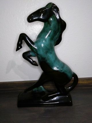 Blue Mountain Pottery Rearing Horse Stallion In Dark Green 12 " Tall Figurine