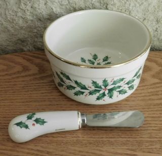 Lenox Christmas Holiday Dip Bowl With Spreader Holly & Berries Butter Cheese