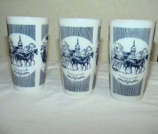 3 Hazel Atlas Blue And White Milk Glass Currier & Ives Tumblers For Royal China 2