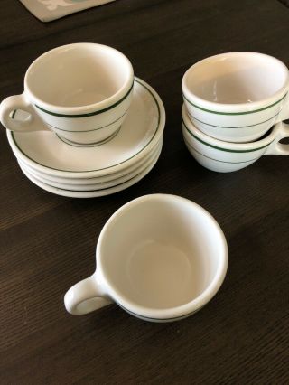 Four Cup/saucer Buffalo China Thick Coffee Tea Mug Green Stripe Vgc