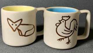 Pigeon Forge Pottery Two Coffee Cups Rooster,  Fox Vintage Blue / Yellow Interior
