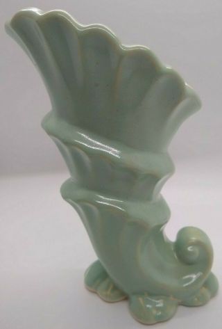 Shawnee Pottery Triple Cornucopia Vase Green Aqua Turquoise Horn Shell Vintage