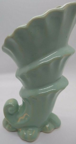 Shawnee Pottery Triple Cornucopia Vase Green Aqua Turquoise Horn Shell Vintage 3