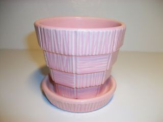 Mccoy Pottery 3 1/4 " Flower Pot W/ Attached Saucer Pink Basketweave Mid Century