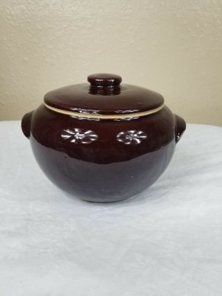 Vintage Brown Glaze Bean Pot Crock Stoneware W/ Lid Double Handle / Made In Usa