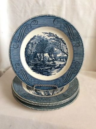 Set Of 4 Currier & Ives Dinner Plates “the Old Grist Mill” By Royal 10 Inch Euc