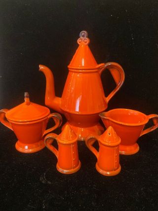 Metlox Poppytrail Red Rooster Teapot Set With Salt And Pepper Shakers