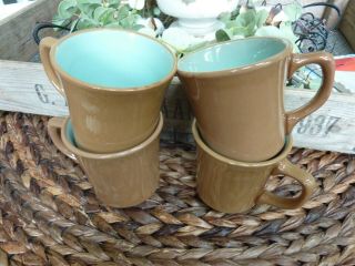 Vintage Set Of 4 Taylor Smith Taylor Ceramic Mugs Brown With Aqua Interiors Usa