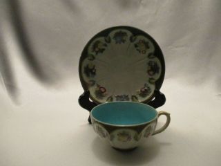 Antique Wedgwood Majolica Teacup And Saucer With English Flowers,  Lined In Blue