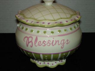 Home And Garden Party Blessing Jar Whimsical Stoneware Green Pink