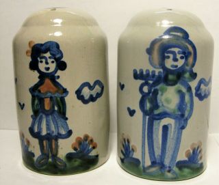 M A Hadley Stoneware Pottery Farmer & Wife Salt And Pepper Shakers With Corks