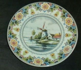 Vintage Delft Polychrome Wall Plate Hand Painted Vibrant Colors Windmill Floral
