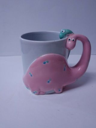 Vintage Fitz & Floyd Ceramic Double Pink Green Dinosaur Handle Coffee Cup Mug 86