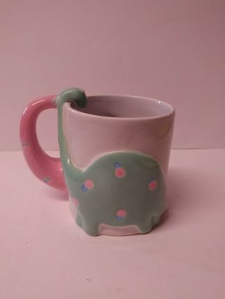 Vintage Fitz & Floyd Ceramic Double Pink Green Dinosaur Handle Coffee Cup Mug 86 4