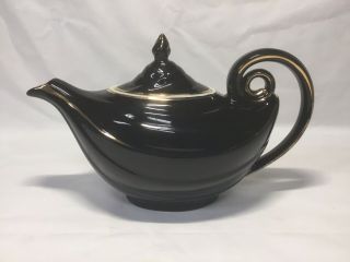 Vintage Hall Pottery 6 Cup Tea Pot - Black - Aladdin Style - Gold Trim -