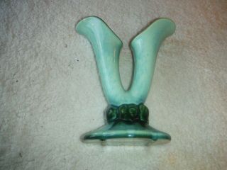 Hull Usa Double Stem Pottery Vase Green Over Green Drip Glaze 9 " Unique Unusual