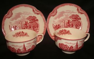 2 Vintage Johnson Bros Old Britain Castle Red Pink Transferware Cup & Saucer Set