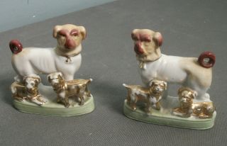2 Vintage Germany Pug Mother Dogs W/ 2 Puppies Figurines - 28 - 3 " X 3 " - Sb