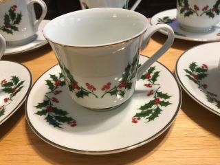 Fine China Japan Christmas Holly Set Of 5 Tea Cups & Saucers Porcelain